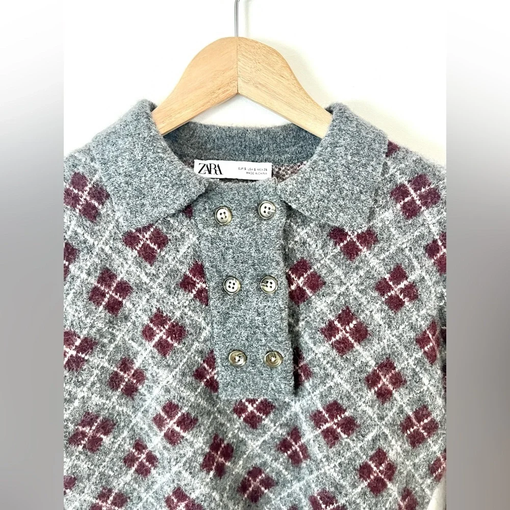 Zara Gray Knit Argyle Shorts & Long Sleeve‎ Collared Top Wool Blend Set Size S/M